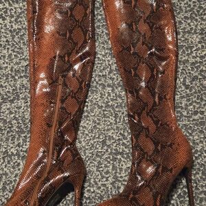 Fashion Nova Shiny Brown Snakeskin Heeled Boots